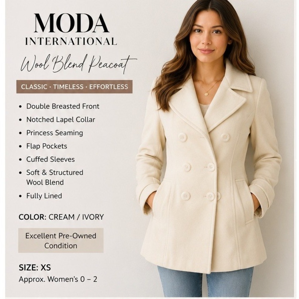 Moda International Pea Coat Women XS Cream Quiet Luxury Wool Double Breasted